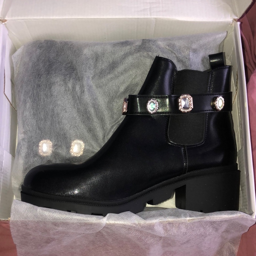 Pleather booties with attachable rhinestone wrap